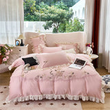 Premium Egyptian Cotton Flowers Embroidery Lace Ruffles Princess Bedding Set Duvet Cover Set Flat/Fitted Sheet Pillowcases 4Pcs