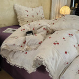 Korean Style Vintage Cherry Bedding Sets for Girls New Washed Cotton Duvet Cover With White Lace Trim Sheet Pillowcases