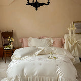 4Pcs Pink Rose Flowers Embroidery Ruffles 1000TC Egyptian Cotton Bedding Set Duvet Cover Set Bed Sheet/Fitted Sheet Pillowcases