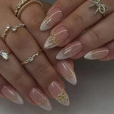 24pcs Almond False Nail Art French Fake Nails Tips Press on Nails Sets Reusable Manicure Stick on Nail Tip Datachable Fake Nail