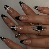 Mid-length Almond Press on Nails Black Irregular Flower Fake Nails with Simple Diamond Wearable Manicure Full Cover False Nails