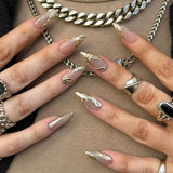 24Pcs Simple French Fake Nails with Almond Head Design Detachable 3D Irregular Star Pattern Press on False Nails Manicure Tools