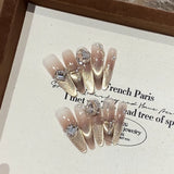 10Pcs French Press on Nails Almond Handmade Fake Nails Gradient Diamond Pearl False Nails Set Vintage Acrylic Nail Art for Girls