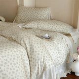 Vintage French Lace Edge Flowers Print Bedding Set 100% Cotton Double Yarn Duvet Cover Flat/Fitted Bed Sheet Pillowcases 4Pcs