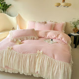 Korean style Princess lace bow bedding set pink sweet girl chiffon ruffles duvet cover bed sheet pillowcase wedding home textile