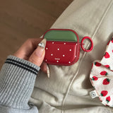 Red Strawberry Polka Dots Leather Magnetic Earphone Case For Airpods 1, 2, 3, 4,Pro, Pro2, Pro3, Anti-fall Protect Cover Ring