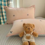 3/4PCS Ins Peach Bedding Set Grey Grid Cherry Embroidery Shell Seam Edge Double-layer Yarn Super Soft Comfortable Bedroom Decor