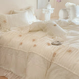 Korean Princess Style Lace Ruffles Wedding Bedding Set Soft Rose Flowers Four-Piece Set Duvet Cover Bed Sheet Pillowcase 4Pcs