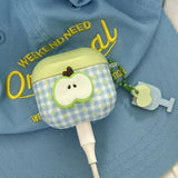 Cartoon Cute Green Apple DIY Grid Pattern Silicone Earphone Case For AirPods 1 2 3 4 Pro 2 Soft Protection Cover With Keychain