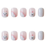 24pcs Milk White Rabbit Fake Nails Kawaii Cute Childlike Nail Art Full Cover Artificial False Nail Ballerina Press on Nails Art