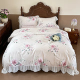 French Pastoral Style Rose Flowers Print Lace Bedding Set Single Queen King Size 100% Cotton Duvet Cover Bed Sheet Pillowcases