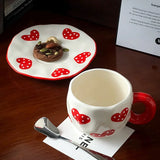 340ML Hand Pinched Irregular Ceramic Mug Red Love heart pattern Coffee Cup with Saucer Set Afternoon Tea Cup holiday gifts