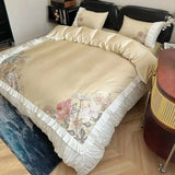 1000TC Egyptian Cotton Flowers Embroidery Pleated Edge Bedding Set Queen King Duvet Cover Flat/Fitted Bed Sheet Pillowcases 4Pcs