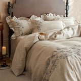 100% Pure Linen Flowers Embroidery Ruffles Luxury Queen King Size Bedding Set Natural Flax Duvet Cover Bed Sheet Pillowcase 4Pcs