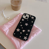 Korean Black Epoxy Glittering Stars Artificial Gems Case for iPhone 16 15 14 13 Pro Max Back Phone Cover for 12 11 Pro Max Capa