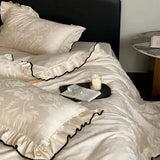 Luxury Egyptian Cotton Flowers Jacquard Bedding Set Vintage Ruffle Duvet Cover Black Piping, Bed Sheet/Fitted Sheet Pillowcases