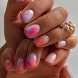 24pcs Gradient Nude Full Cover Nail Tips Wearable Short Square False Nails Sets Press on Simple Seashell Pattern Fake Nails Art