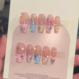 10Pcs Handmade Press on Nails Long Coffin Love Rhinestone Bow Design Fake Nails French Ballerina Wearable Full Cover Nail Tips