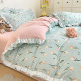 Princess Style Lace Ruffles Bedding Set Purple Tulips Duvet Cover and Flat Sheet Pillowcases Girls Romantic Floral Home Textiles
