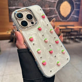Luxury 3D Strawberry Phone Case For iphone 16 15 14 13 12 11 Pro Max Plus Girl Epoxy Electroplated Back Cover Gift