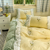Korean Princess Style Double Layer Lace Flower Embroidery 100% Cotton Bedding Set Plaid Style Duvet Covers Bed Sheet Pillowcases