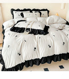 Rose Flowers Embroidery Ruffle Lace Bedding Set Washed Cotton Duvet Cover Set Skin Friendly Bed Sheet Pillowcases Princess Style