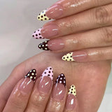 24pcs Simple French White Fake Nails Spicy Girl Polka Dot Design Long Almond False Nail Tips Wearable Head Round Press on Nails