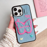 Embroidery Butterfly Jean Cloth Denim Case For iPhone 12 13 14 15 16 Pro Max 11 Phone Case with Pendant Keychain Soft Back Cover