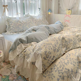 Floral print Korean style Princess Lace Bedding Set Duvet Cover Set Washed Cotton Flat Sheet set Queen For Girl Decor Home