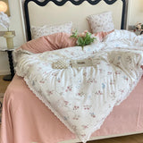 Floral Bedding Set Lace Trim Simple Fresh Elegant Flat Fitted Sheet With Pillowcases Soft Washed Cotton For Women Girl Gift