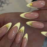 Short Round Head Press on False Nails Yellow French 3D Flower Fake Nail for Woman Reusable Finished Full Cover Nails Tips 24Pcs