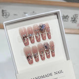 Sweet Handmade Press on Nails Long Coffin Heart Rhinestone Leopard Print Pink French Fake Nail Wearable Full Cover Nail Tips