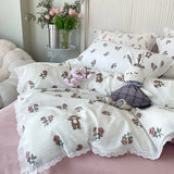 Princess Floral Bedding Set Lace Romantic Rose Flat Fitted Sheet With Orange Pillowcases Soft Polyester Full Size For Women Girl
