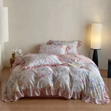4Pcs Lyocell Soft Silky Cooling Summer Bedding Set Rose Floral Prints Ruffles Duvet Cover Set Bed Sheet/Fitted Sheet Pillowcases