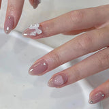 24Pcs Nude Pink Nail Tips Short Round Head False Nails with Design Wearable Finished Fake Nails Full Cover Press on Nails