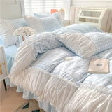 Korean Style Princess Bedding Set Luxury Pink Lattice Duvet Cover Ruffles Lace Bedspread Bed Sheet Pillowcases