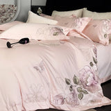 White Egyptian Cotton Bedding Set Luxury Flowers Embroidery Duvet Cover Sets Fitted Bed Sheets Pillowcases Home Textiles