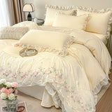 Korean Style 100%Cotton Bedding Set Luxury Lace Flowers Embroidery Princess Duvet Cover Bed Sheet Pillowcases Beige Bedclothes