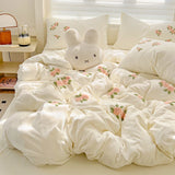 3/4Pcs Washed Cotton Skin-friendly Soft Princess Rose Towel Embroidery Bedding Set Duvet Cover Bed Sheet/Fitted Sheet Pillowcase