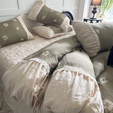 Flowers Prints Pleated Ruffles Princess Bedding Set 100% Cotton Double Layer Yarn Duvet Cover Quilted Bedspread Pillowcases 4Pcs