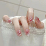 24Pcs Nude Pink Nail Tips Short Round Head False Nails with Design Wearable Finished Fake Nails Full Cover Press on Nails