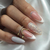 24pcs Silver Glitter Press on Nails Almond Simple French False Nails with Glue Acrylic Fake Nails Wearable Full Cover Nail Tips