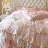 4/6Pcs Pink Butterfly Jacquard Three-layer Lace Ruffles Princess Wedding Bedding Set Duvet Cover Bed Skirt Bedspread Pillowcases