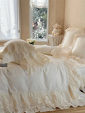 1200TC Egyptian Cotton Lace Ruffles Princess Wedding Style Pink Bedding Set Duvet Cover Flat/Fitted Bed Sheet Pillowcases 4Pcs