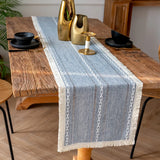 Farmhouse Table Runner Grey Blue 13x72 Inch Cotton Linen Embroidered Striped Wedding Party Rustic Home Christmas Decoration
