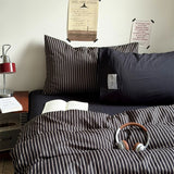 Simple Striped Bedding Set Washable Cotton Dark Gray Quilt Cover With Pillowcases Bed Sheet Set Skin-Friendly Soft Single Twin