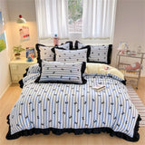 Black Lace Ruffles Korean Bow Decor Bedding Set Duvet Cover Pillowcase Washed Cotton Four-Piece Sets Soft Quilt Cover Bed Sheet