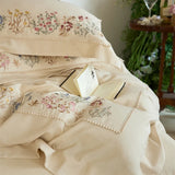 Natural Cotton Linen Vintage French Flowers Embroidery Luxury Bedding Set Duvet Cover Flat/Fitted Bed Sheet Pillowcases 4Pcs