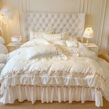 4Pcs Pure Cotton French Flowers Lace Ruffles Princess Wedding Bedding Set Duvet Cover Quilted Bedspread Bed Skirt Pillowcases