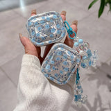 Luxury Bling Blue Floral Fresh Flower Case For AirPods 1 2 3 Case For Airpods 4 Pro Bluetooth Earphone Cover with Beads Keychain